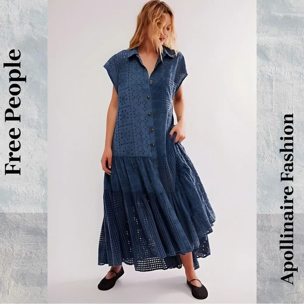 FREE PEOPLE MARIE EYELET MAXI DRESS IN BLUE MEDIUM NEW